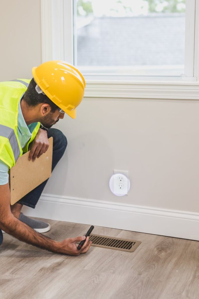 A construction worker in a hard hat inspects a floor vent indoors, ensuring quality and safety standards.